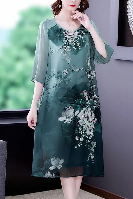 

COIGARSAM 4XL Plus Size Vintage Print Women Long dress Chiffon Loose Dresses Blue 17087