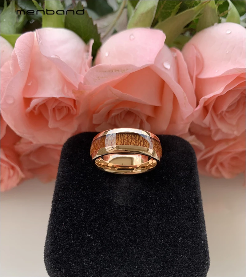 Rose Gold Tungsten Ring Wedding Band For Men Women With Koa Wood Inlay Domed Polished Comfort Fit 8MM | Украшения и аксессуары