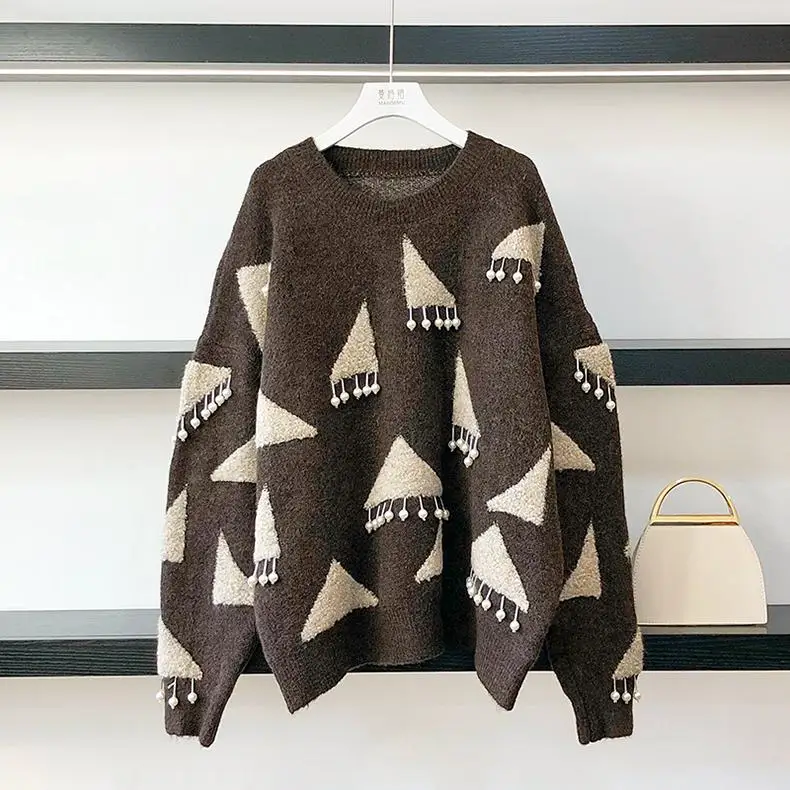 

ZITY Top Quality Women Sweet Pull Jumpers Geomertric Pearl Beading Tassel Pearl Sweaters Oneck Long Sleeve Warm Christmas Tops