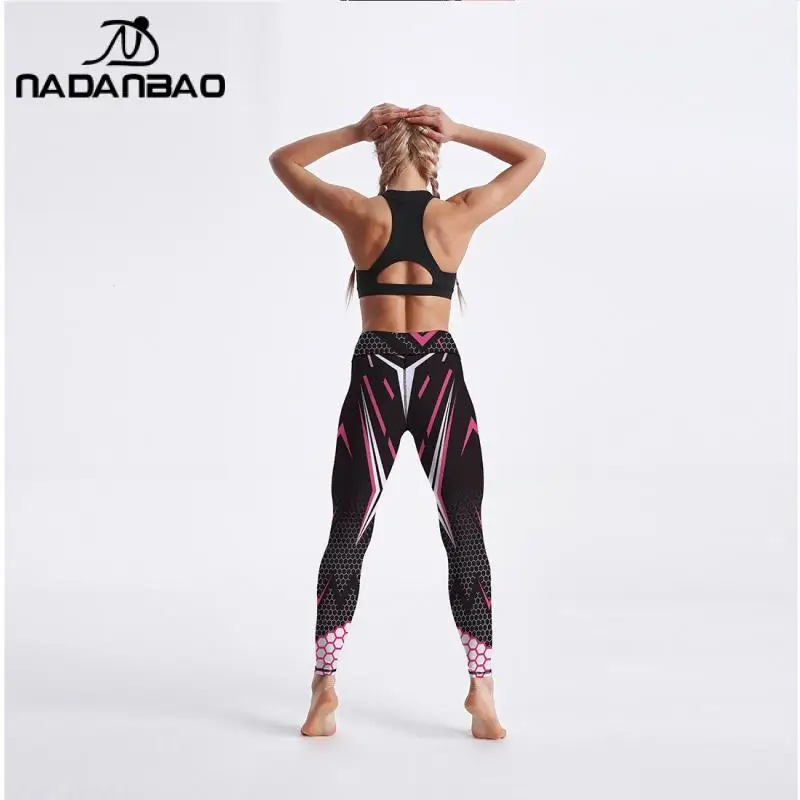 NADANABO Women Honeycomb Grid Print Tights High-waisted Slim Trousers Irregular Pink White Pattern Leggings Ladies Gym Clothes