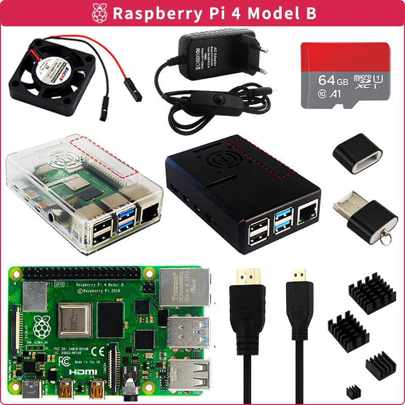 

Raspberry Pi 4 B 2 ГБ 4 ГБ 8 ГБ ОЗУ + чехол из АБС-пластика + карта + адаптер питания + теплоотвод + видеокабель для Raspberry Pi 4 Модель B