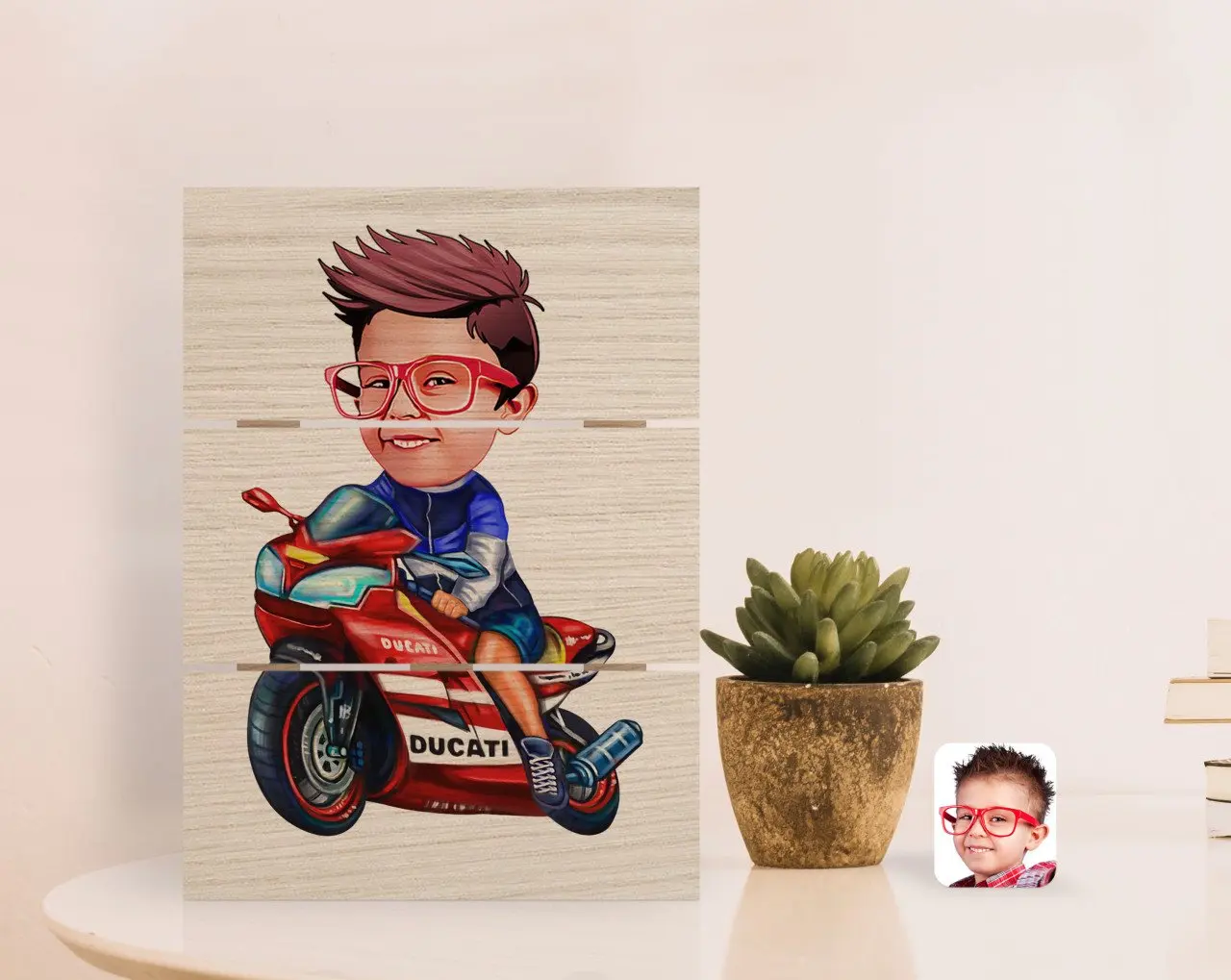 

Personalized Biker Child Caricature Of Authentic Desktop Wood Pallet Çerçeve-1