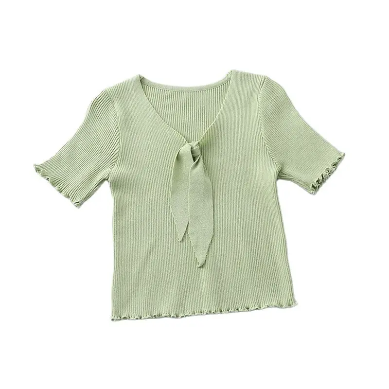 Кардиган женский однотонный вязаный с бантом коротким рукавом| |