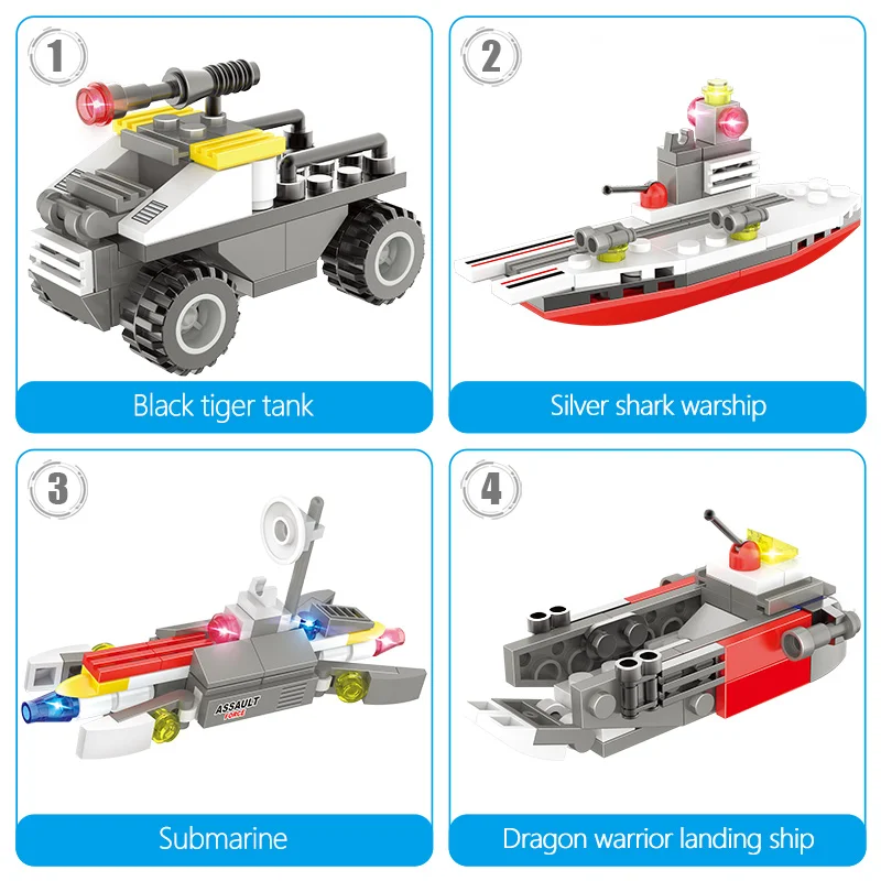 

8 IN 1 Wheeled Armored Tank Model Building Blocks DIY Aircraft Car Turck Soldier Figures Bricks Educational Toys for Children