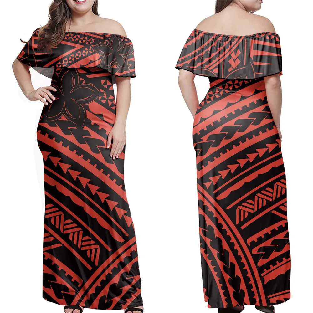 

Jackherelook Red Polynesian Tattoo Tribal Hibiscus Floral Vintage Off Shoulder Long Dresses Women's Layered Ruffle Maxi Dress