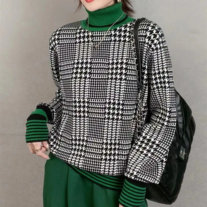 winter 2021 new commuter turtleneck sweater women's loose color matching fashion thousand bird check knit long sleeve