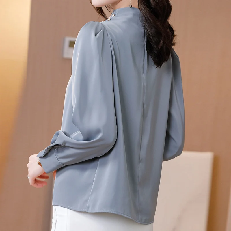 

Fashion Chiffon Office Lady Blouse Shirt Elegant Button Draped Half Turtleneck Shirts Casual Long Sleeve Loose Women Blusas Tops