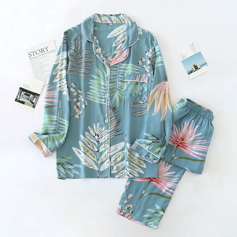 

New Summer Women Pajamas Set Cotton Silk Long Sleeve Trousers Sleepwear Ladies Fresh Fashion Thin Comfortable Loose Home Wear