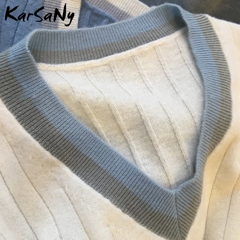 Autumn V-neck Cashmere Sweater Women Vintage Jumper Blue Knitted Striped Sweaters For White Pullover Winter Warm | Женская одежда
