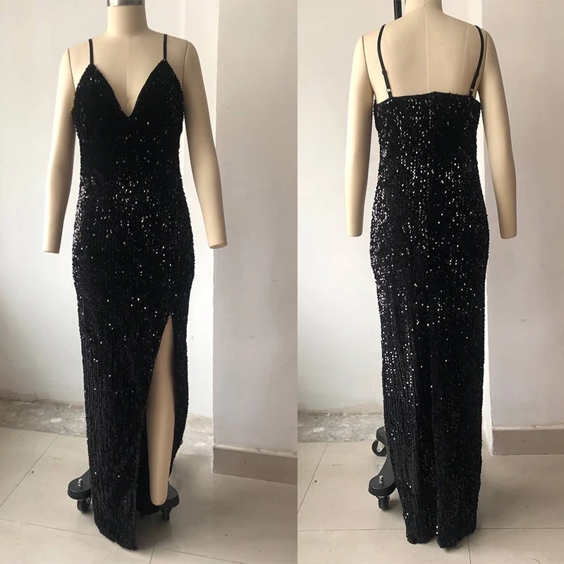 Черное платье с блестками и разрезом женское высокой талией v-образным вырезом