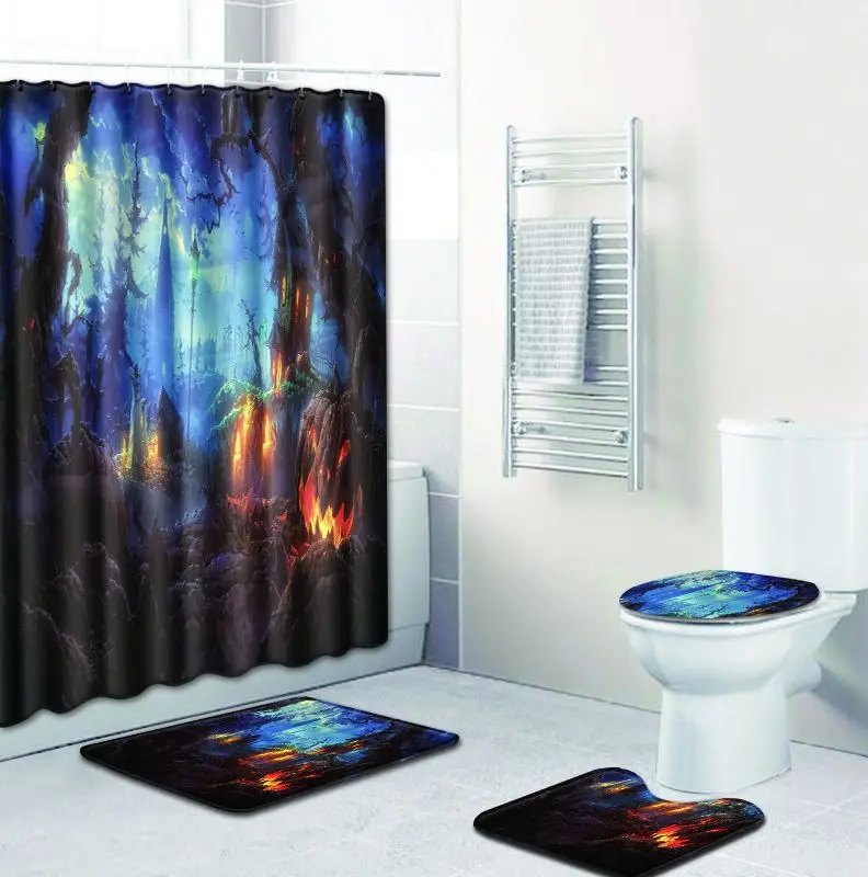 Zeegle Halloween Bath Mat Set Pedestal Rug Lid Toilet Cover U Type Waterproof Shower Curtain Anti-slip Doormat | Дом и сад