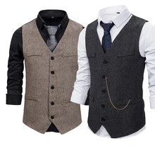 LUCLESAM Chaleco de negocios con cadena de Metal para hombre, traje de vestir ajustado, con una hilera de botones, de Tweed (1)