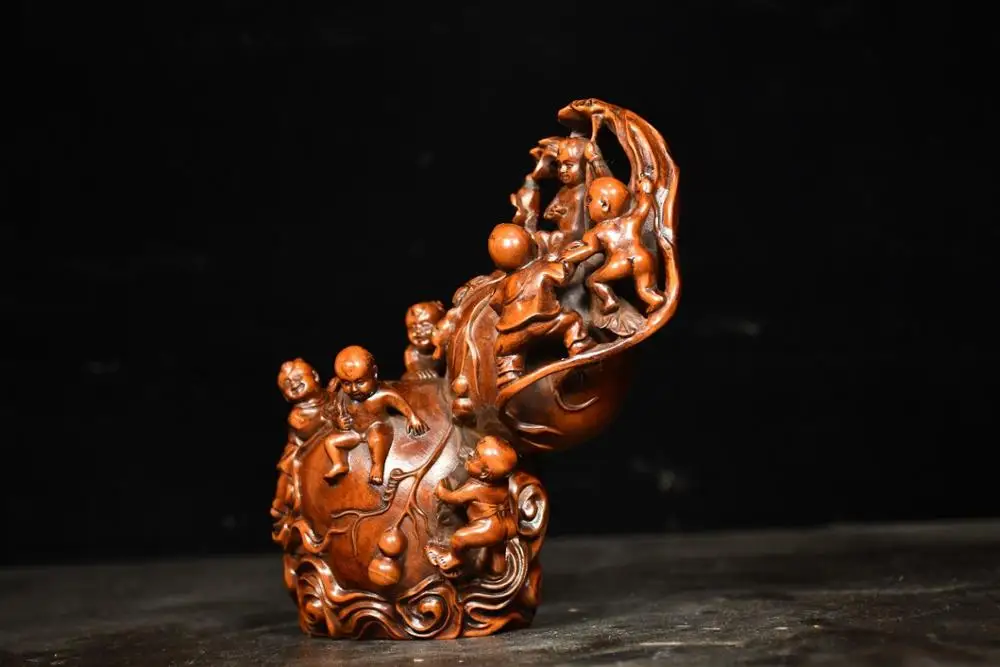 

Home Decor 6" China Collection Old Boxwood Five Boy Calabash Statue Carving Five Boys Climbing Gourd and Playing Wood Carving