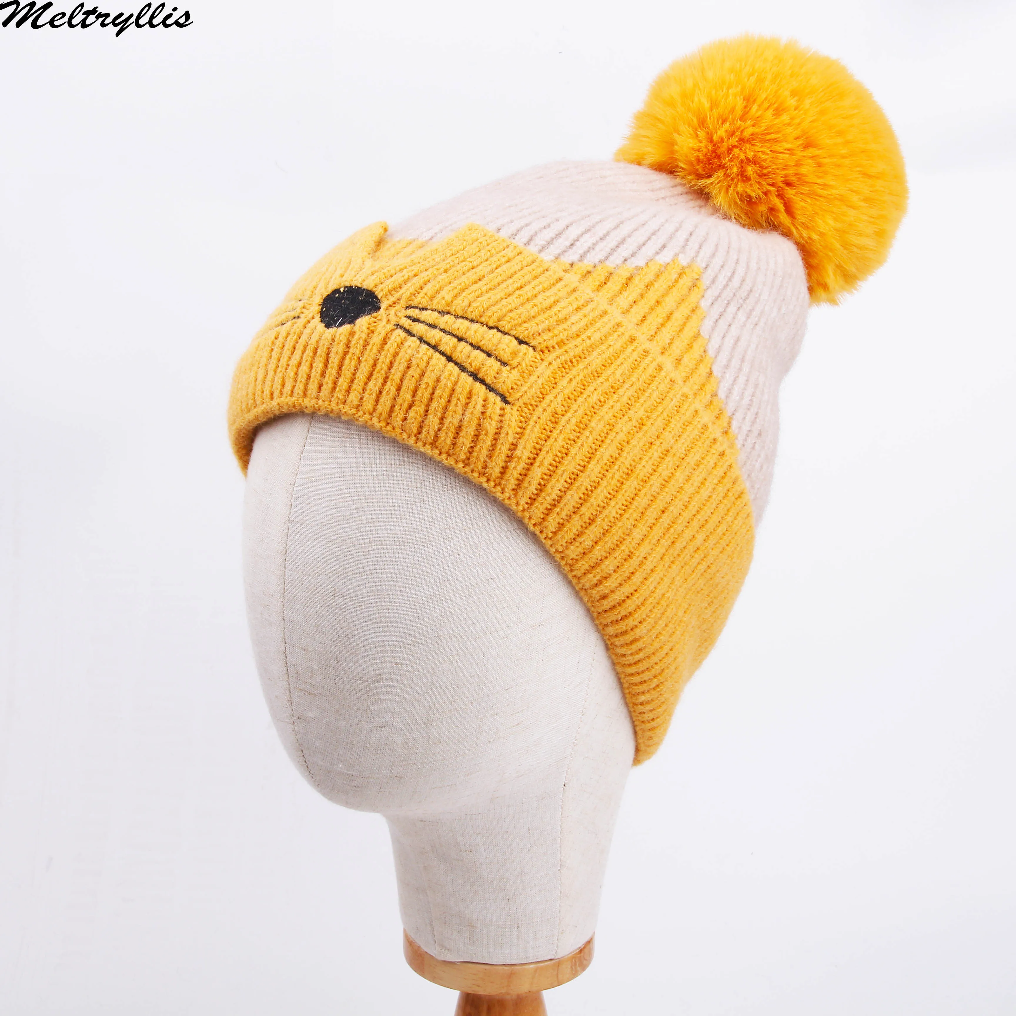 

[Meltryllis]Brand Simple Rabbit Fur Beanie Hat For Women Winter Skullies Warm Cute Cat-Face Cap Female knit Letter Bonnet Caps