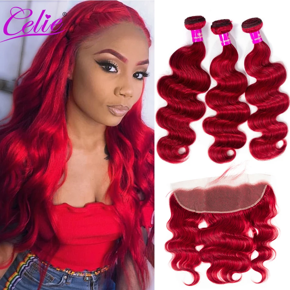Celie волосы красная волна тела с закрытием Remy человеческие пряди фронтальной
