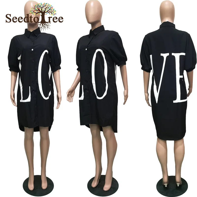 

Letter Print Half Sleeve Casual Shirt Dress Women Turn Down Collar Spring Autumn Buttoned Midi Dress