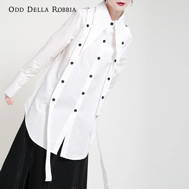 

OddDellaRobbia Spring New Personality Big Pointed Neck Ribbon Long-Sleeved Shirt Solid Color Button Belt Long Blouse Women 1965