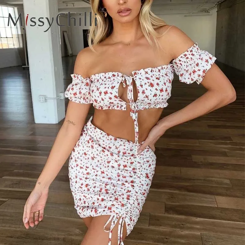 MissyChilli, комплект из 2 предметов, с открытыми плечами, на шнуровке, с цветочным принтом, платье для женщин, с вырезами, на завязках, сексуальное Плиссированное Платье для вечеринки, Новинка