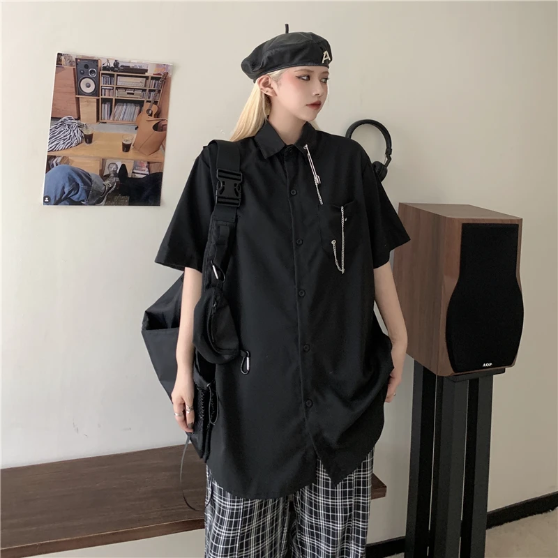 

Harajpoo Women Shirts Summer Korean Version Ins Trend Pin Chain Design Casual Loose Solid Color Short Sleeve Couple Tops Tide