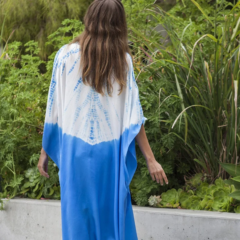 

2021 New Ladies Muslim Summer Loose Dress Women Batwing Sleeve Chiffon Print V Neck Streetwear Fashion Long Dress