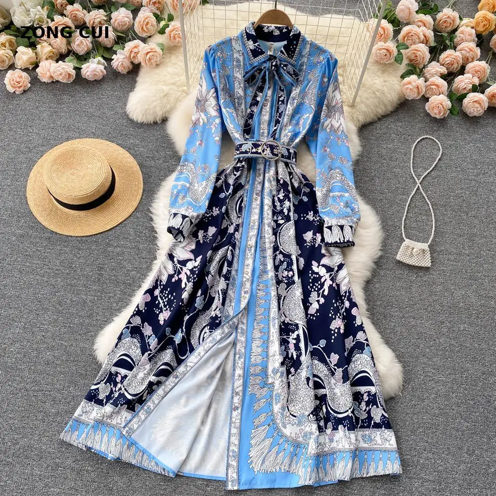 

New Women Vintage Printed Shirt Maxi Dress Spring Autumn Ladies Turn Down Collar Long Sleeve Single Breasted Boho Palace Dress
