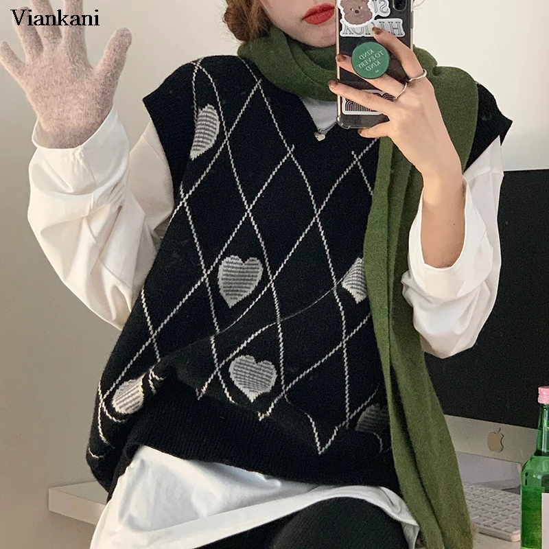 

Y2k Sweater Vest Women Vintage Sleeveless Sweet Tank Tops Female Loose V-neck Knitted Pullover Korean Fashion Sweaters Vests