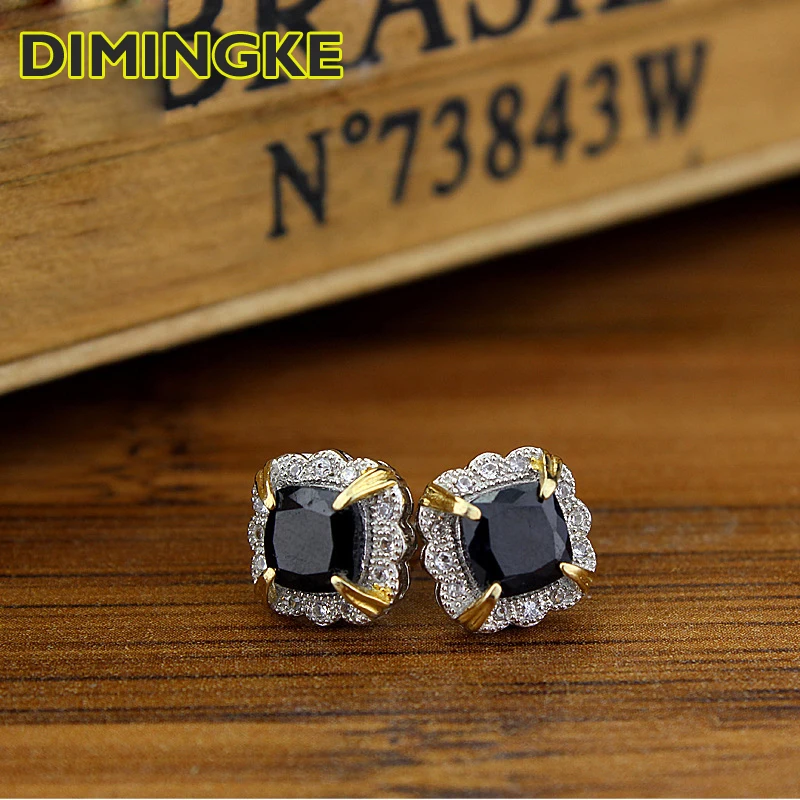 

DIMINGKE 6*6MM Black Onyx Stud Earrings 100%-S925 Sterling Silver Fine Jewelry Wedding Party Anniversary Gift