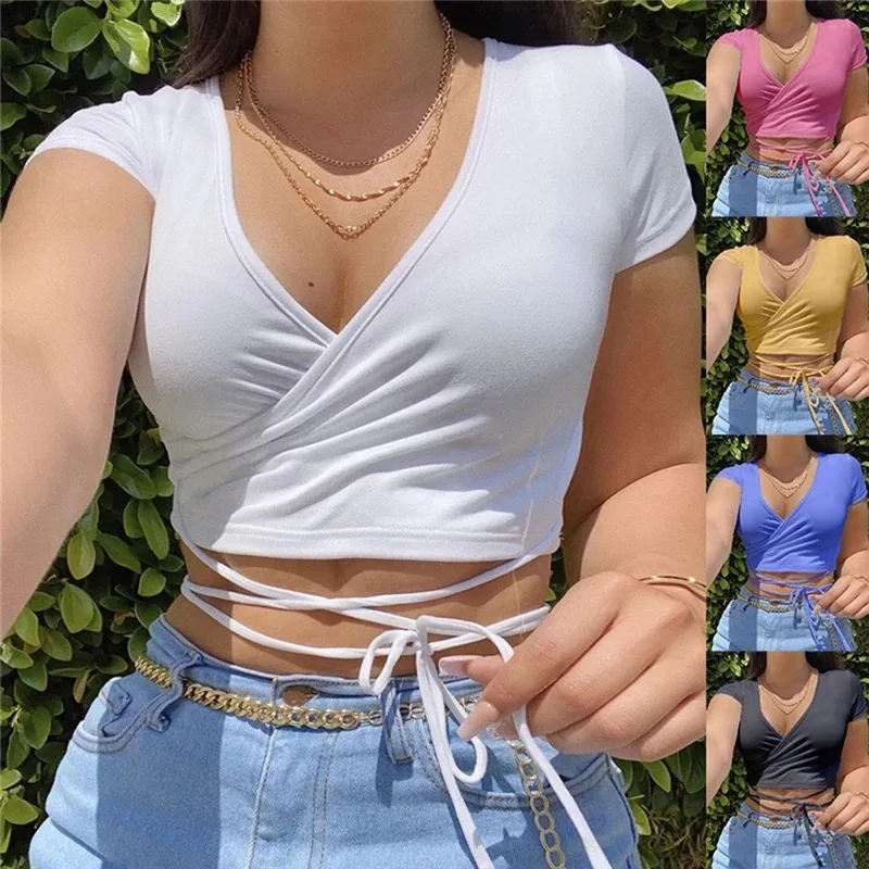 

Women's Solid Color Short T-shirt 2021 Summer Sexy Lace-up Midriff-Baring Crop Top Slim V-neck Tees Casual Short Sleeve T-shirts