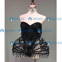 black sexy crystal beads bodysuit dress stage performance bling dresses dance wear nightclub shining costume outfit