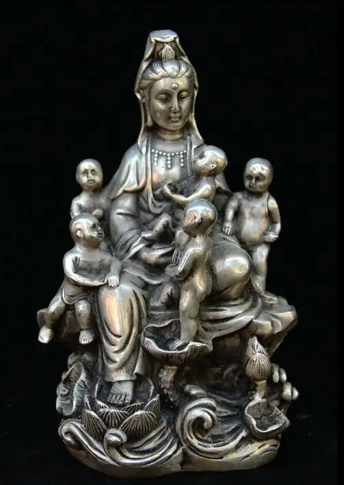 

7" Chinese Buddhism Silver Five Boy Kwan-yin GuanYin Boddhisattva Goddess Statue