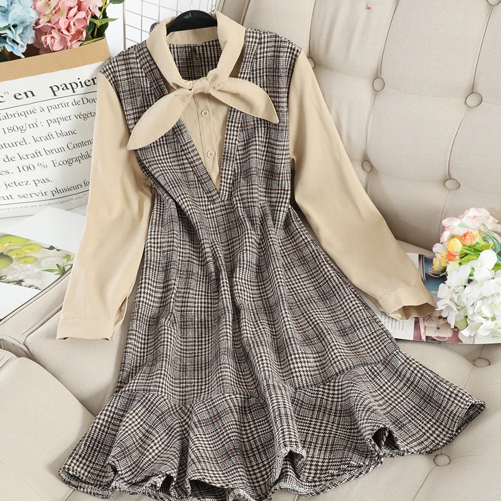 SINGRAIN женское клетчатое платье с рюшами винтажное зимнее миди длинное корейское