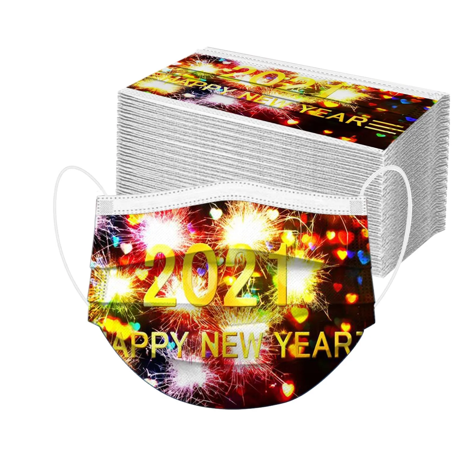 

50/100pcs Adults Masks Happy New Year's Day Prints 3 -layer Disposable Mask Halloween Cosplay Headband Masques Masque