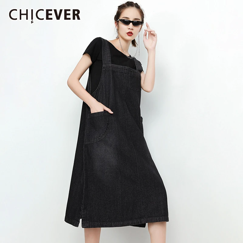 Джинсовое платье CHICEVER средней длины с квадратным воротником без рукавов