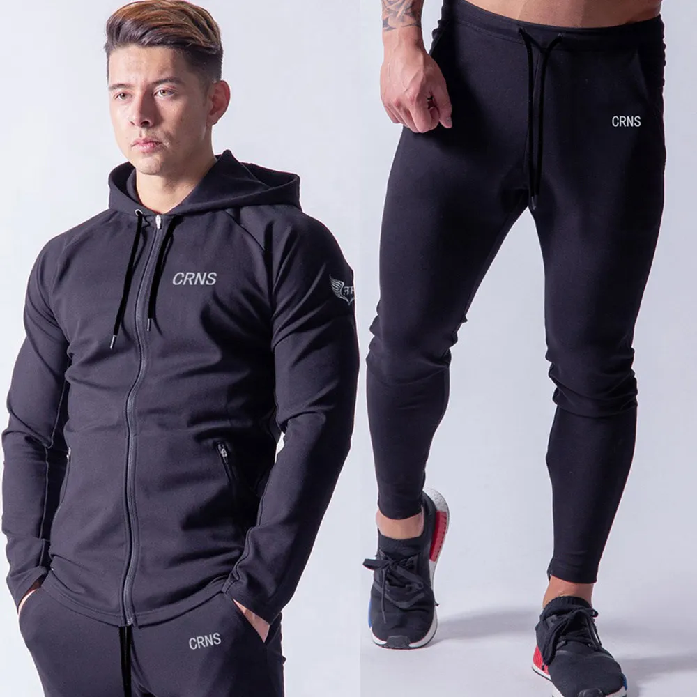 Black (Set) Черные повседневные облегающие брюки джоггеры хлопчатобумажные спортивные брюки мужские тренажеры фитнес тренировки спортивные брюки осенние мужские Кроссфит спортивные брюки - Цвет: Black (Set)