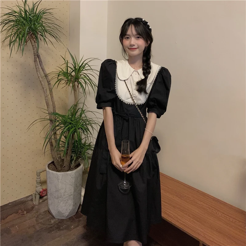 

Black French Style Lace Doll Collar Dress for Women 2021 New Summer Tight Waist Slimming Sense of Design Mid-Length Skirt