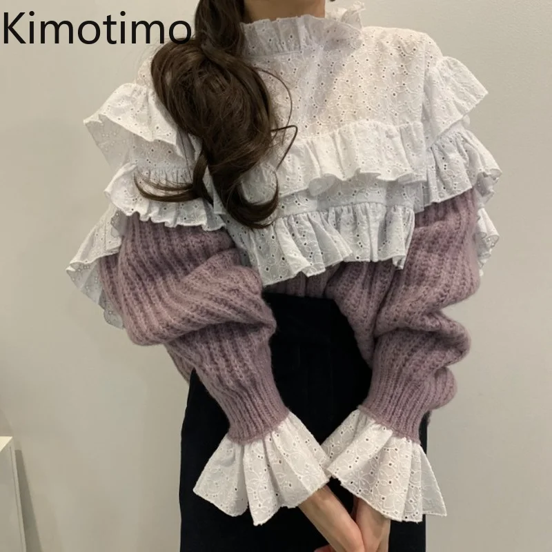 

Имитация двух свитеров Kimotimo для женщин корейский стиль Instagram дворец воротник-стойка Цветы складки дизайнерский Топ осень зима пуловер с дли...