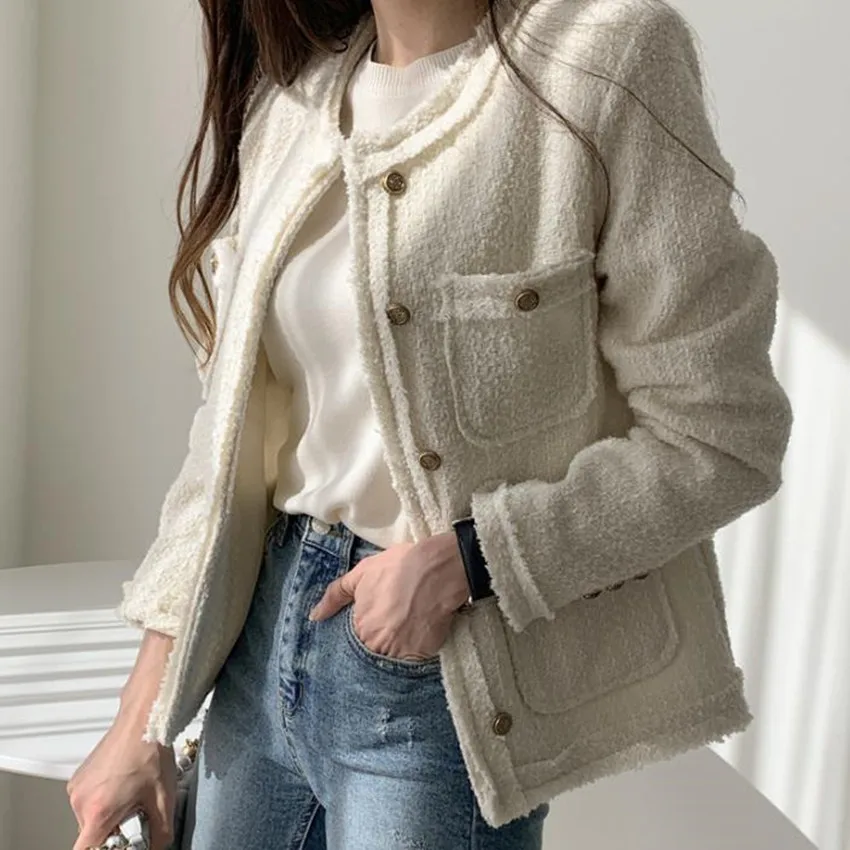 

New spring autumn French style tweed jacket women o-neck small fragrance short outerwear