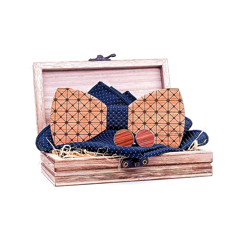 

CTB-T226 Exquisite Men's Wooden Bow Tie Set with Cuff Links Square in Wood Box for Weding Banquet