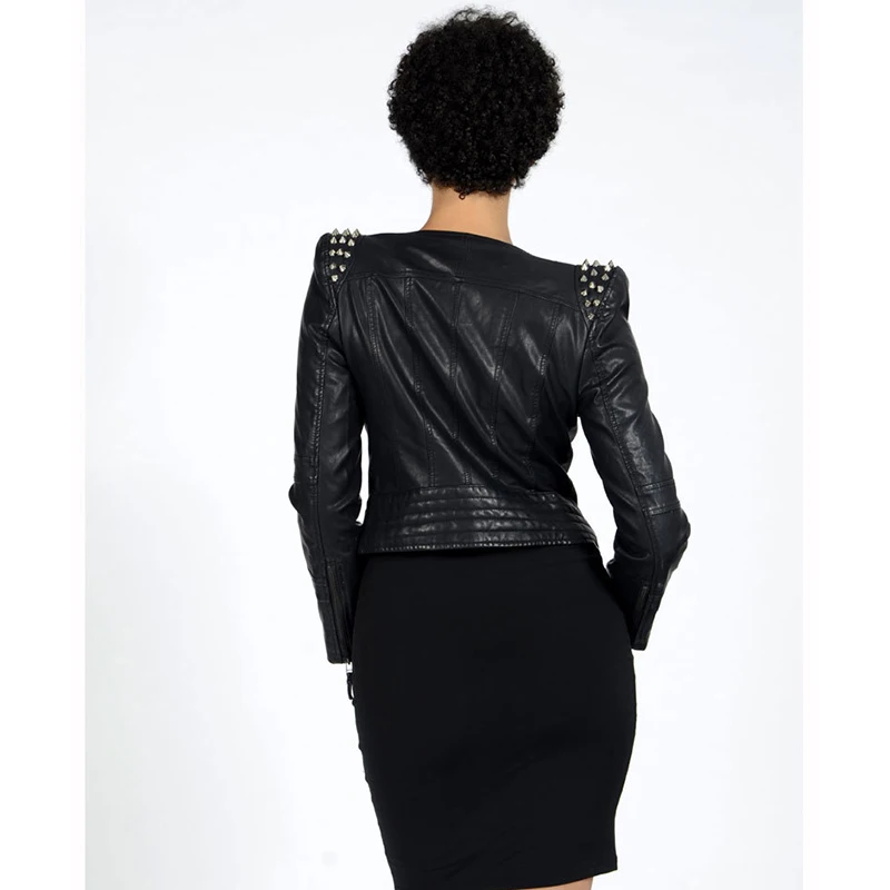 

New PU Female Large Size Punk Style Short Jacket Solid Black Color L1411123