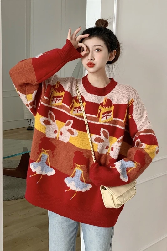 

Autumn and Winter Retro Japanese Cute Anti-Aging Cartoon Jacquard Outerwear Loose and Lazy Style Long Sleeve Sweater for Women