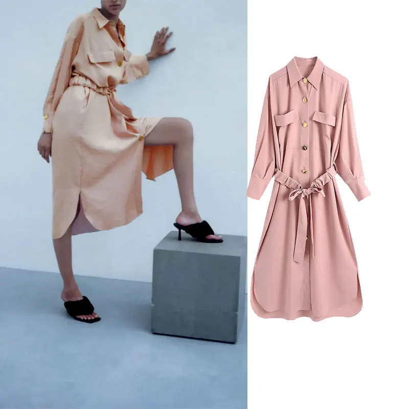 

Осеннее женское платье-рубашка PPYQYKX Za, 2021, женское свободное платье-рубашка в стиле ретро, с длинным рукавом, повседневное, для офиса, миди