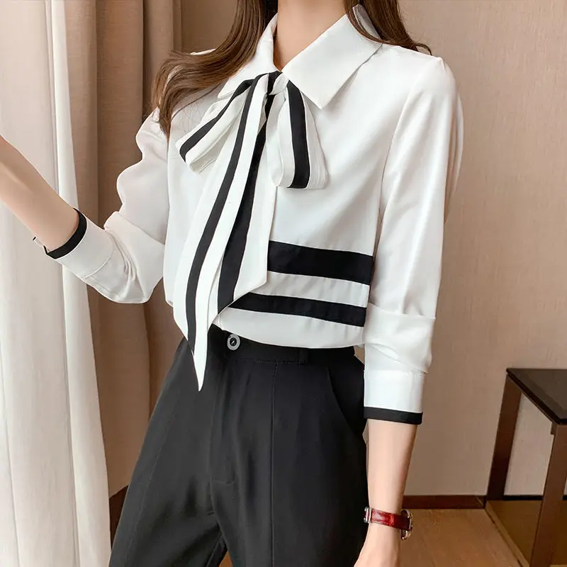 

2021 Fashion Autumn Women's Tops and Blouse Female Solid Long Sleeve Chiffon Shirt Women Bow Turn Down Collar Office Blouse Q612