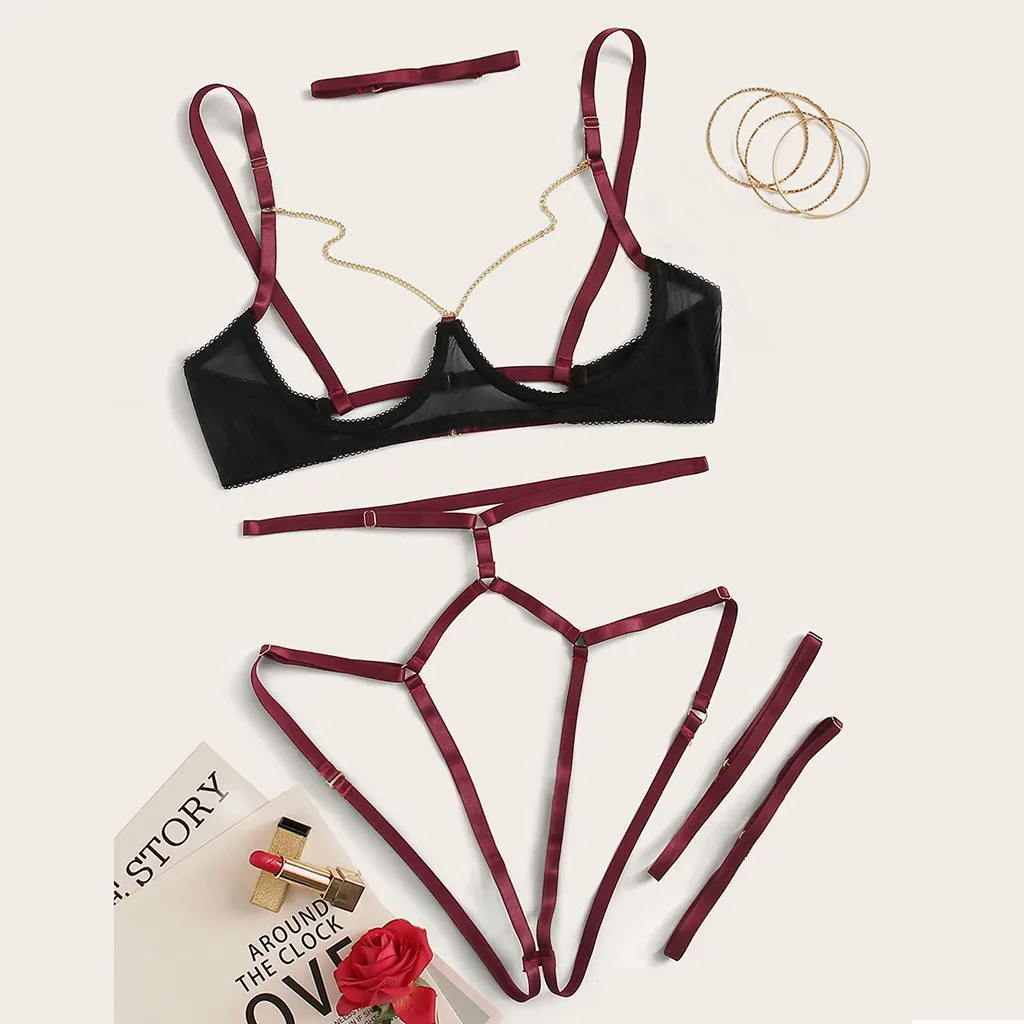 

Lingerie Set Sexy Women Strappy Mesh Bra Set Erotic Lingerie Porno Femme Underwear Bralette Set Intimates + Garter #T2G