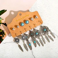 retro ethnic style alloy 6 piece earrings feather alloy pendant natural turquoises inlaid 2020 gypsy jewelry birthday gift