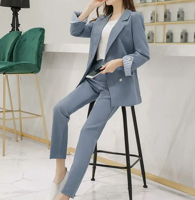 

Pant Suit Blazer Double Breasted Woman Spring Autumn OL 2 Piece Set Work Office Lady Casual Business Wear Female Outfits Clothes