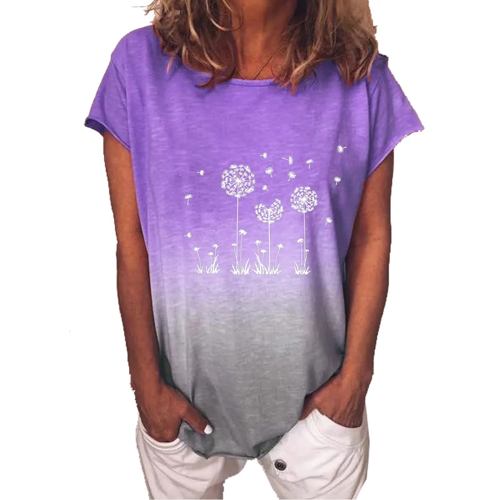 

Women Summer Fashion T-shirt Short Sleeve Gradient Dandelion Print O-Neck Casual Tops T-Shirt Фђболки с коѬоким Ѭђкавом E1