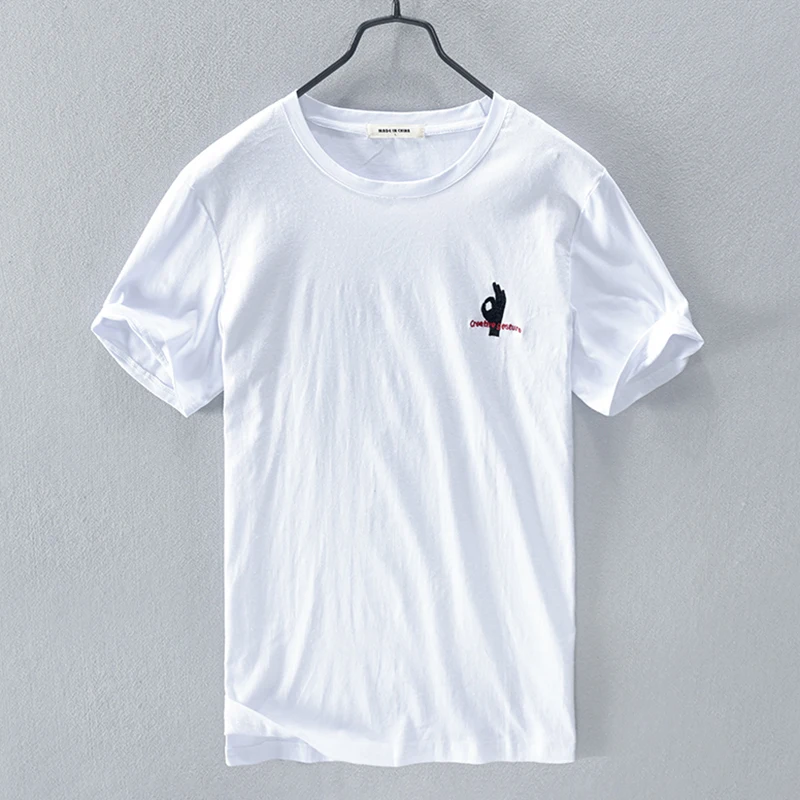 

Embroidery cartoon stitching short-sleeved linen t-shirt men casual round neck t shirt for men white trend tshirt mens chemise