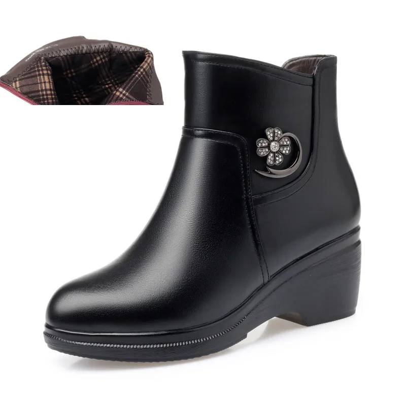 single Microfiber AIYUQI Winter Boots Women Genuine Leather Big Size Mother Wedge Boot Black Platform Boots Thick Wool Ankle Boots - Цвет: single Microfiber