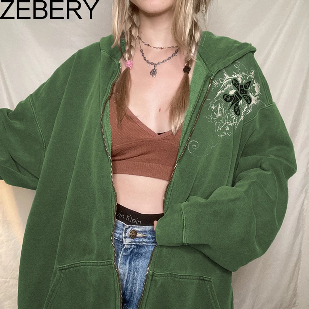 

Куртка ZEBERY y2k с принтом, верхняя одежда в стиле гранж, на молнии, с капюшоном и карманами, свободная Ретро кавайная верхняя одежда в Корейском...