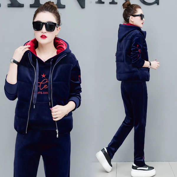 

Women Cashmere Thicken Velvet Tracksuits Autumn Winter Casual Hooded Sweatshirt Vest Coat And Pants 3 2 Piece Outfits 2020 3xl